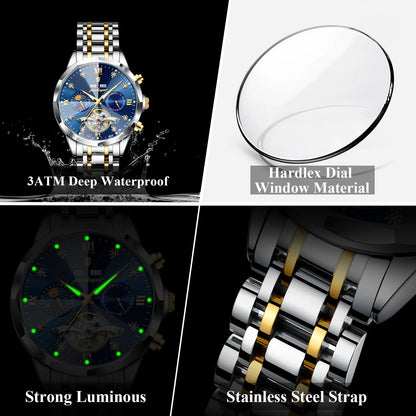 Poedagar 1422 Men Luxury Hollow Tourbillon Stainless Steel Waterproof Automatic Mechanical Wrist Watch