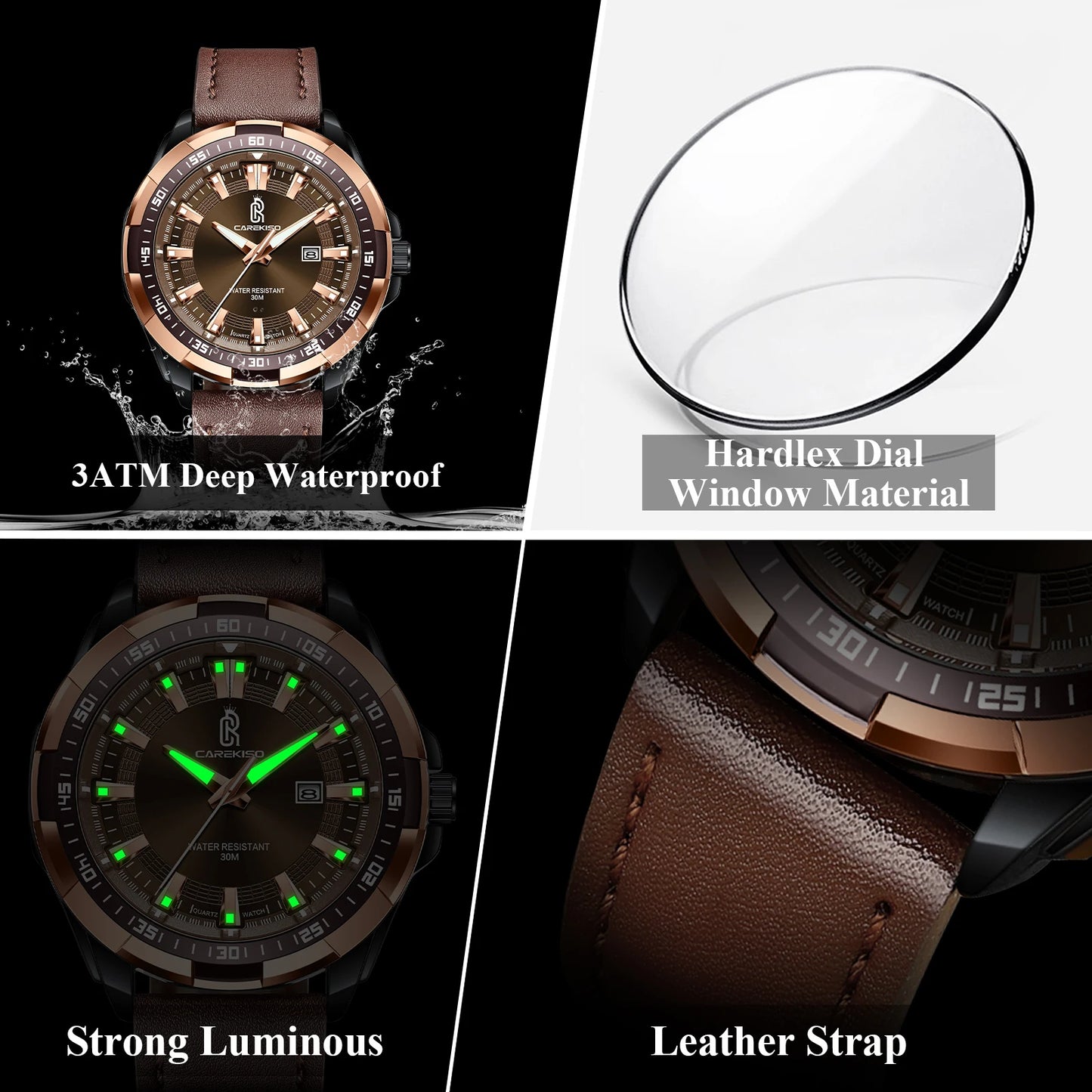 Carekiso C103 Luxury Men Watch Quartz Leather Strap Waterproof Luminous Calendar Casual Business Wristwatch for Gift