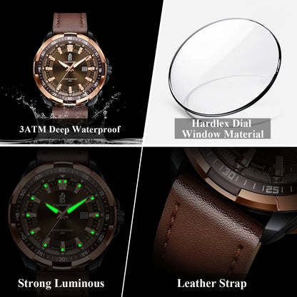 Carekiso C103 Luxury Men Watch Quartz Leather Strap Waterproof Luminous Calendar Casual Business Wristwatch for Gift