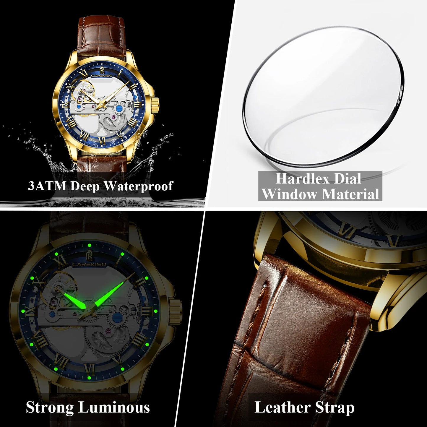 CAREKISO C124 Men Automatic Mechanical Wristwatch Waterproof Luminous Business Watch with Genuine Leather Strap
