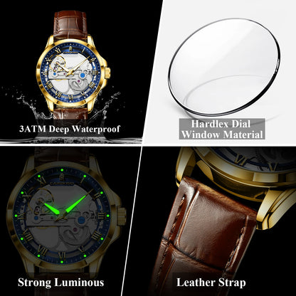 CAREKISO C124 Men Automatic Mechanical Wristwatch Waterproof Luminous Business Watch with Genuine Leather Strap
