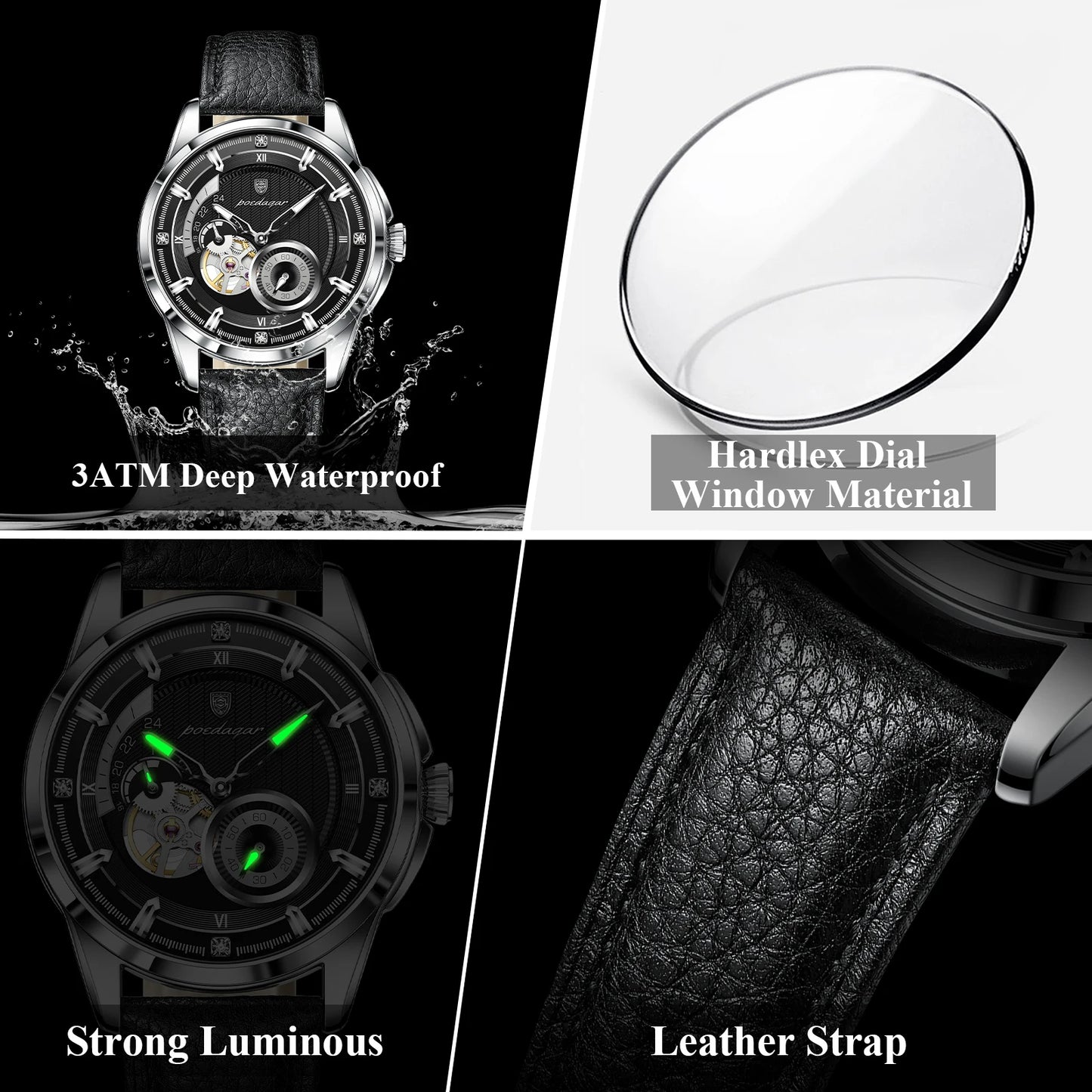 Poedagar 1427 Men Automatic Mechanical Watch Leather Band Luminous 3ATM Daily Waterproof Wristwatch