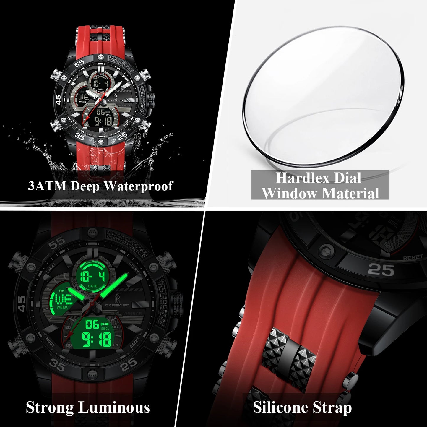 CAREKISO C105 Men Big Dial Silicone Strap Casual Quartz Watch Luminous Waterproof Watch for Men