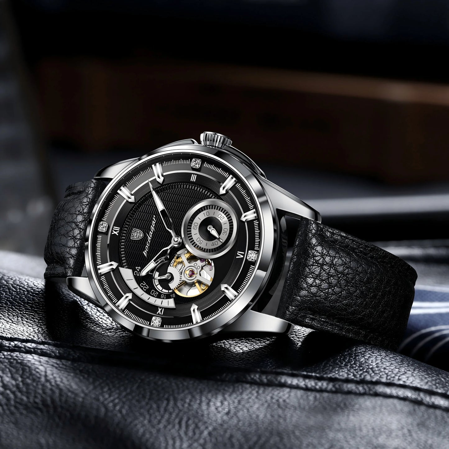 Poedagar 1427 Men Automatic Mechanical Watch Leather Band Luminous 3ATM Daily Waterproof Wristwatch