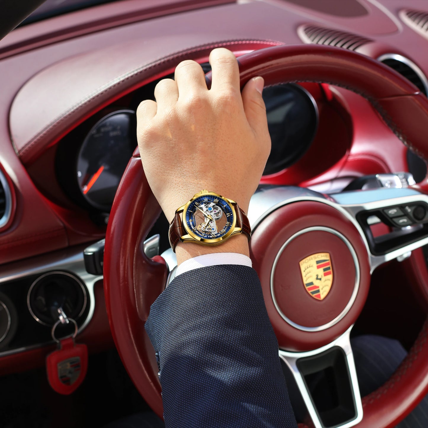 CAREKISO C124 Men Automatic Mechanical Wristwatch Waterproof Luminous Business Watch with Genuine Leather Strap
