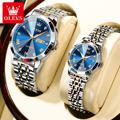 OLEVS 9931 Luxury Top Brand Couple Quartz Watch Fashion Sport Business Waterproof Luminous Dual Calendar Diamond Quartz Watch
