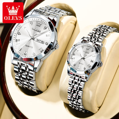 OLEVS 9931 Luxury Top Brand Couple Quartz Watch Fashion Sport Business Waterproof Luminous Dual Calendar Diamond Quartz Watch