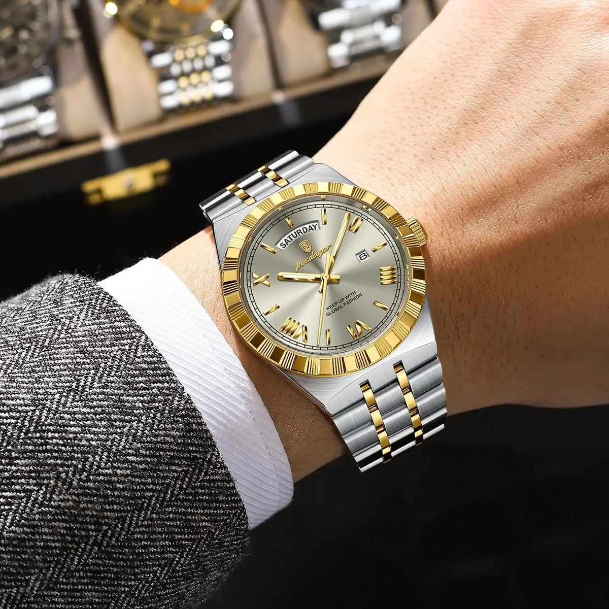 POEDAGAR 675 Calendar Waterproof Luminous Men Wristwatch Luxury Top Classic Week Date Stainless Steel Strap Quartz Watch for Man