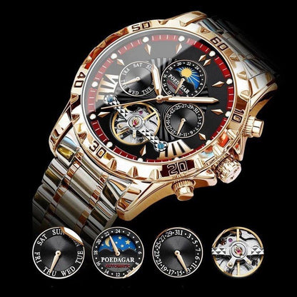 Tourbillon Mechanical POEDAGAR 1410  Moon Phase Date Display Clock Luxury Automatic Movement Hollow Out Watches For Men