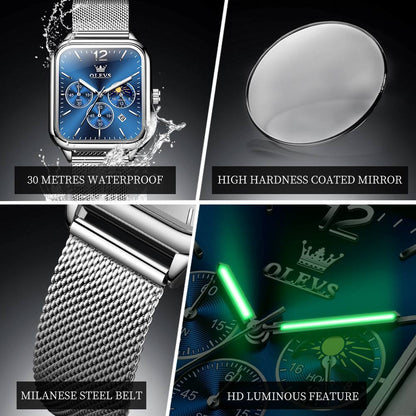 Fashion Quartz Wristwatch OLEVS 9914  Mesh Steel Men's Watches Original Waterproof Luminous Moon Phase Chronograph Square Watch