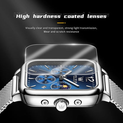 Fashion Quartz Wristwatch OLEVS 9914  Mesh Steel Men's Watches Original Waterproof Luminous Moon Phase Chronograph Square Watch