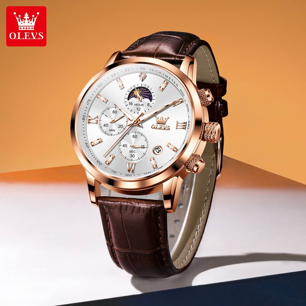 Wristwatches Genuine Leather Belt OLEVS 9812 Luminous Original Luxury Watches Men Waterproof Men's Quartz Moon Phase Sport Watch