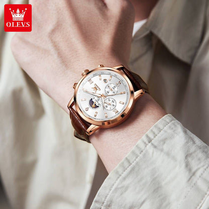 Wristwatches Genuine Leather Belt OLEVS 9812 Luminous Original Luxury Watches Men Waterproof Men's Quartz Moon Phase Sport Watch