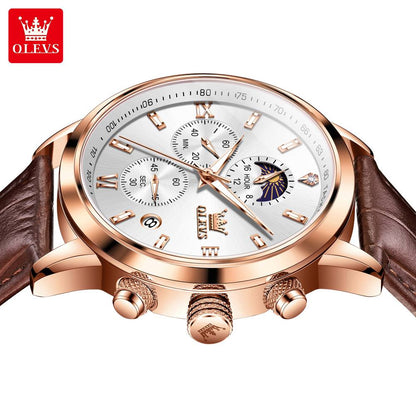 Wristwatches Genuine Leather Belt OLEVS 9812 Luminous Original Luxury Watches Men Waterproof Men's Quartz Moon Phase Sport Watch