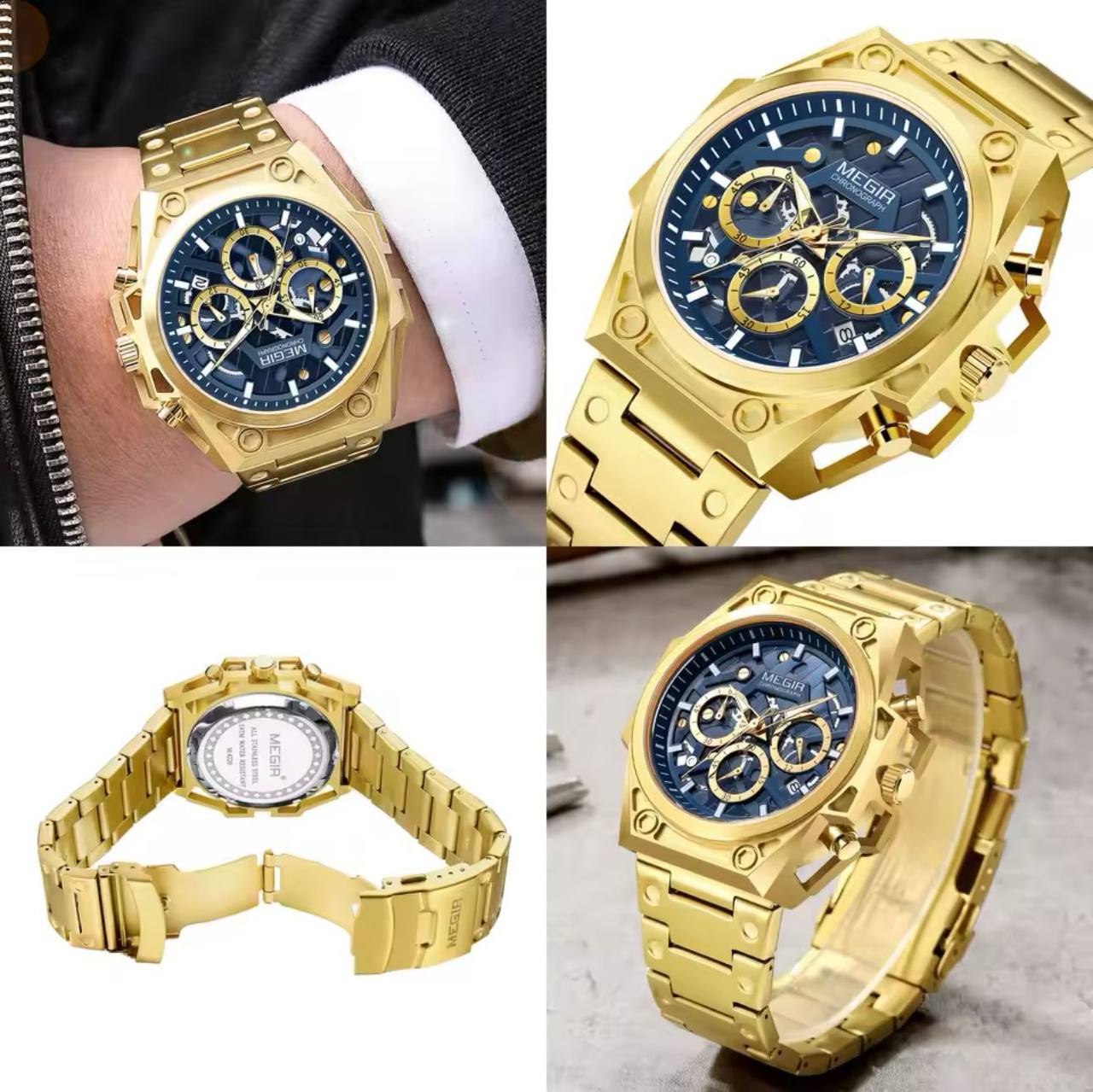 Gold Watch for Men Stainless Steel Chronograph MEGIR 4220 Wrist Watch Man Luxury Luminous Quartz Watches