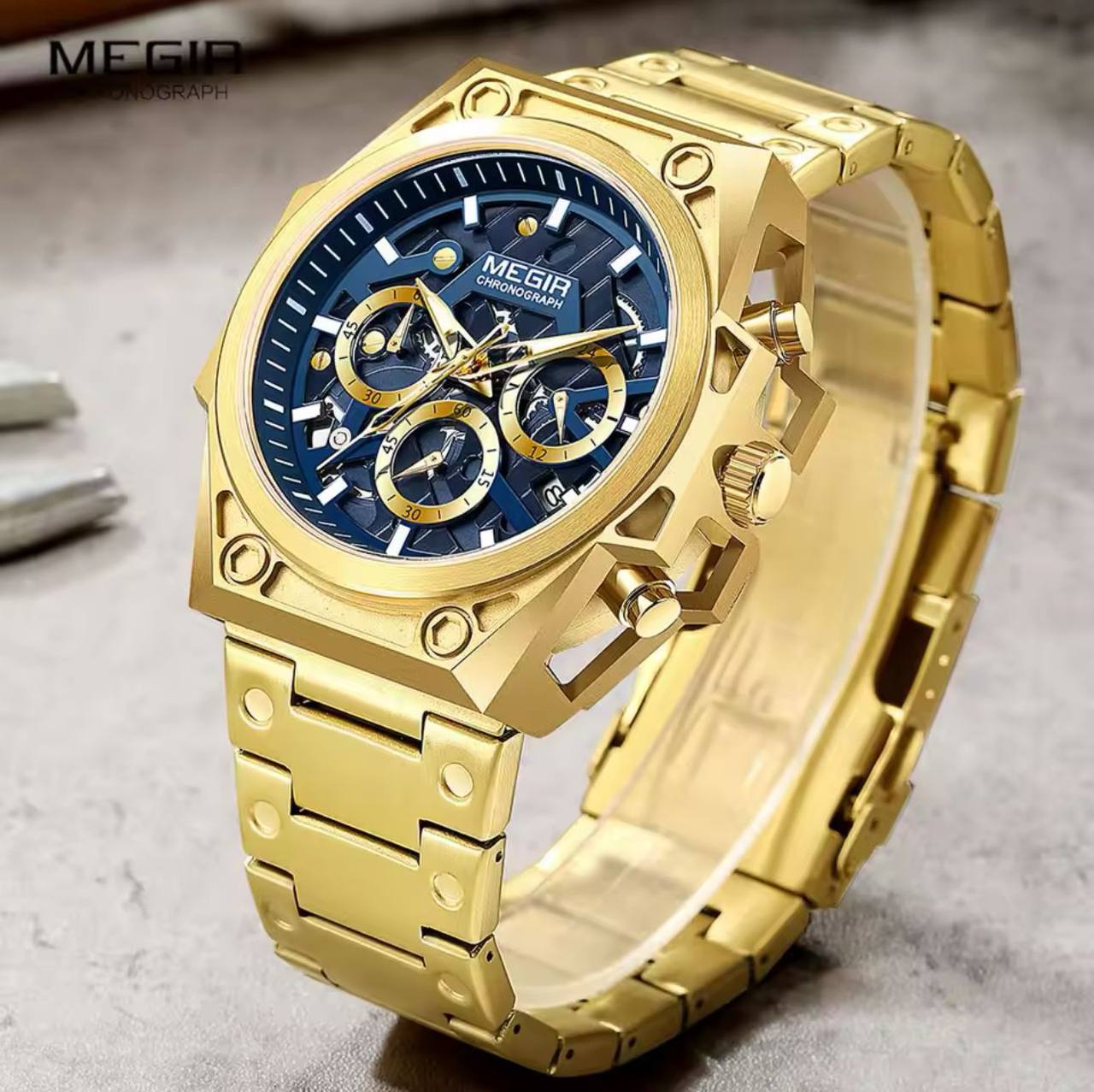 Gold Watch for Men Stainless Steel Chronograph MEGIR 4220 Wrist Watch Man Luxury Luminous Quartz Watches