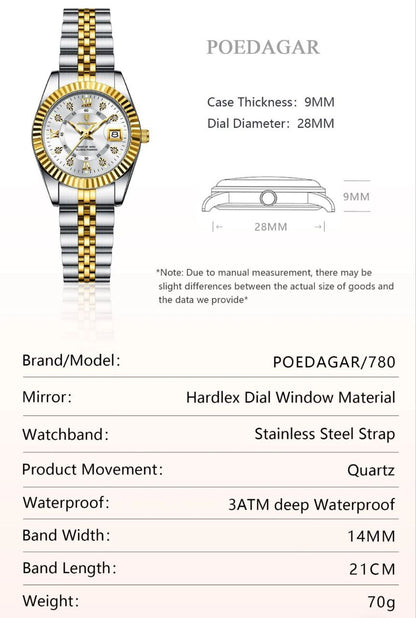 Luxury Elegant Watches for Women Poedagar 780  Waterproof Luminous Date Ladies Watch Stainless Steel Quartz Women Watch