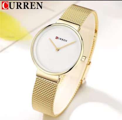 CURREN 9016 Golden Female Quartz Watch Hot Sale Mesh Band Waterproof Ultra Slim Minimalist Business Ladies Watch
