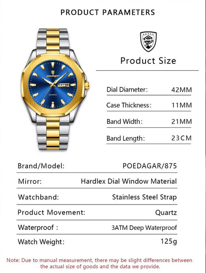 High quality POEDAGAR 875 Men Wristwatch Waterproof Luminous Original Man Watch Stainless Steel Sport Quartz Men's Watches