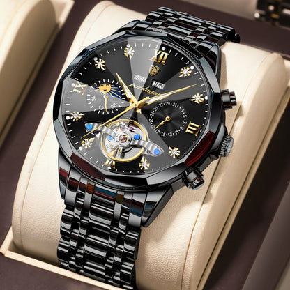 Poedagar 1422 Men Luxury Hollow Tourbillon Stainless Steel Waterproof Automatic Mechanical Wrist Watch