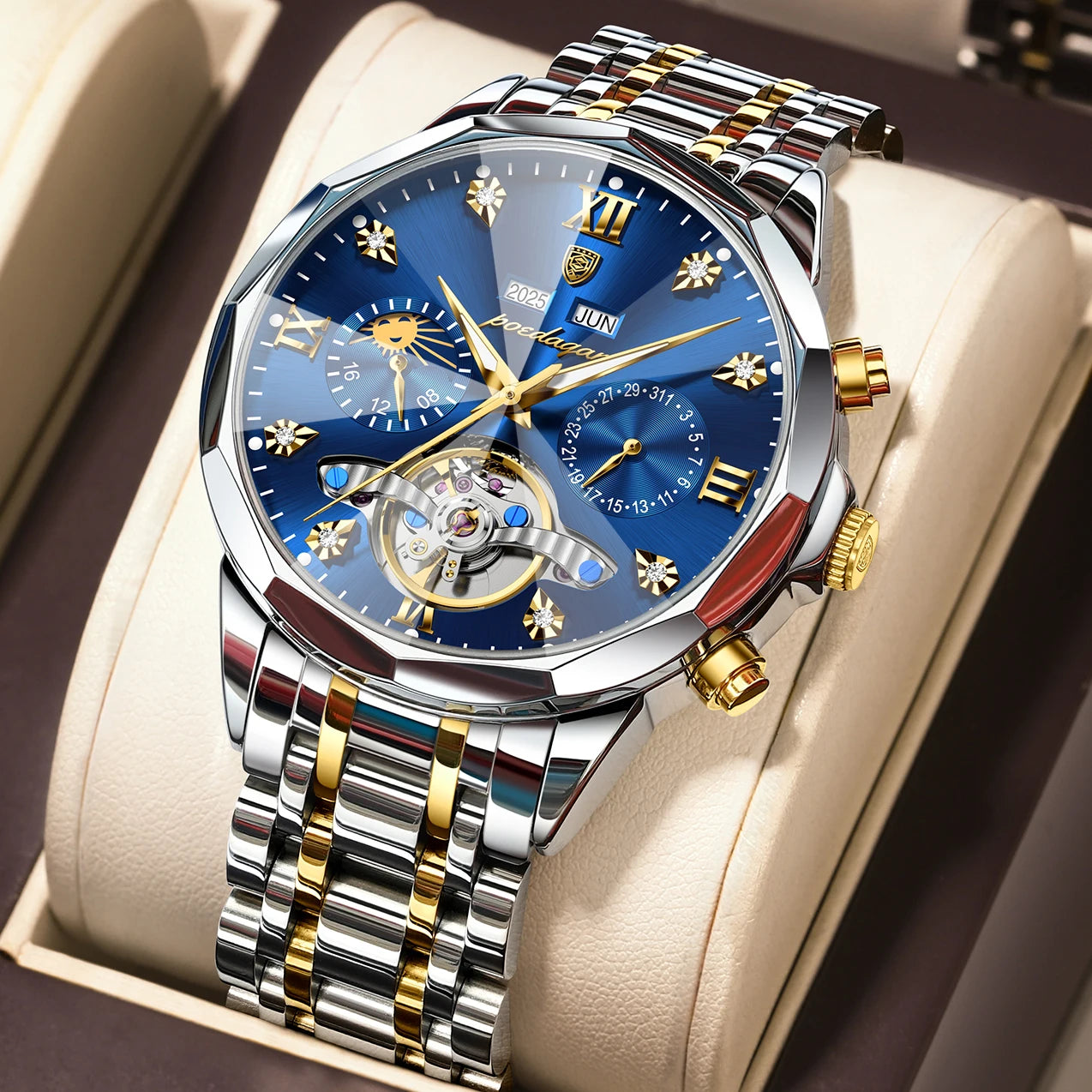 Poedagar 1422 Men Luxury Hollow Tourbillon Stainless Steel Waterproof Automatic Mechanical Wrist Watch
