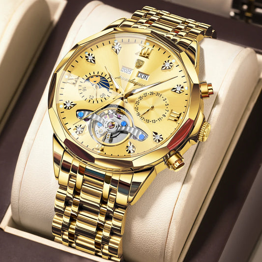 Poedagar 1422 Men Luxury Hollow Tourbillon Stainless Steel Waterproof Automatic Mechanical Wrist Watch