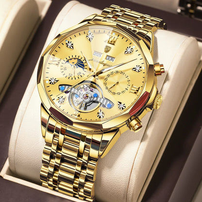 Poedagar 1422 Men Luxury Hollow Tourbillon Stainless Steel Waterproof Automatic Mechanical Wrist Watch