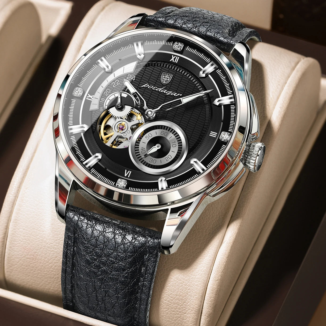 Poedagar 1427 Men Automatic Mechanical Watch Leather Band Luminous 3ATM Daily Waterproof Wristwatch
