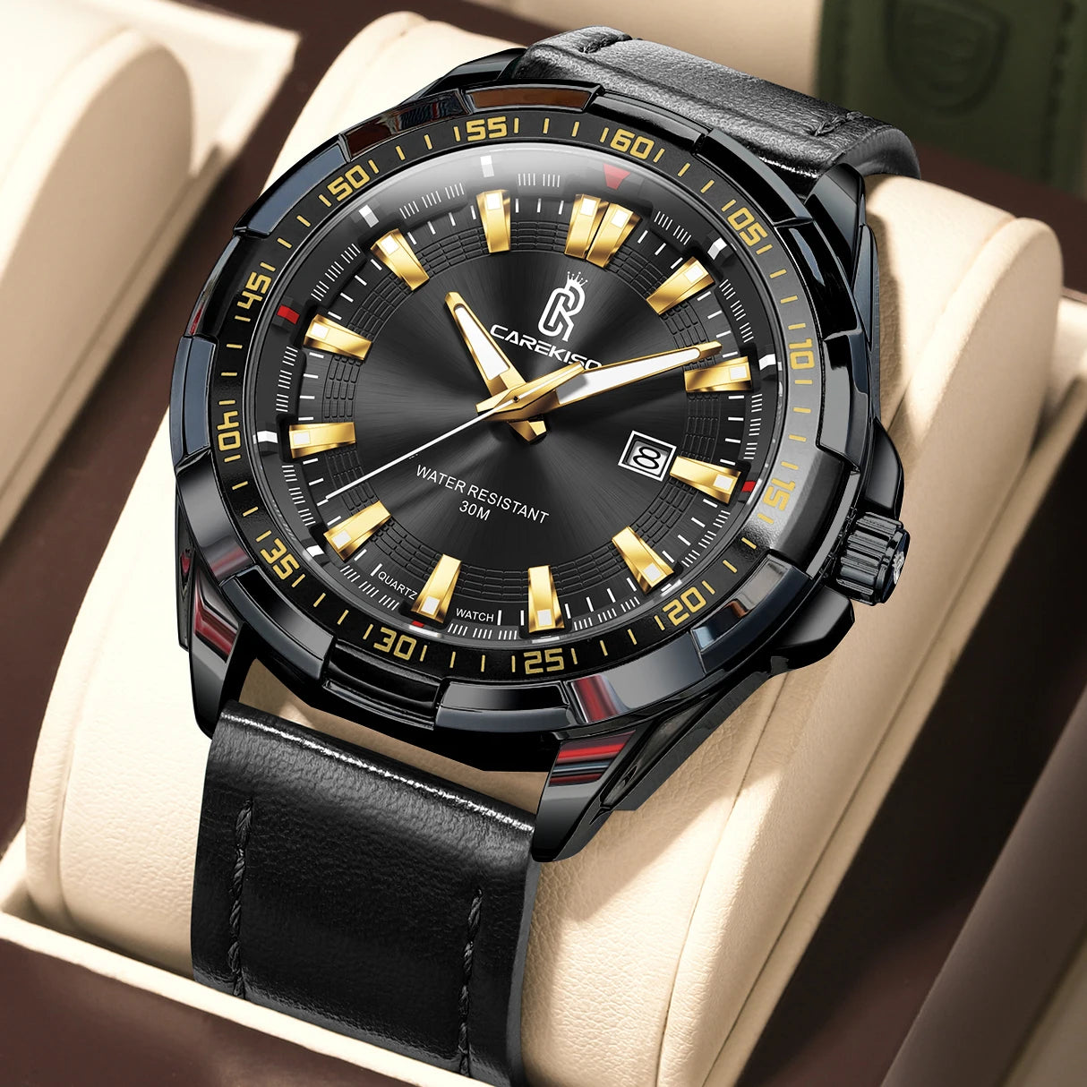 Carekiso C103 Luxury Men Watch Quartz Leather Strap Waterproof Luminous Calendar Casual Business Wristwatch for Gift