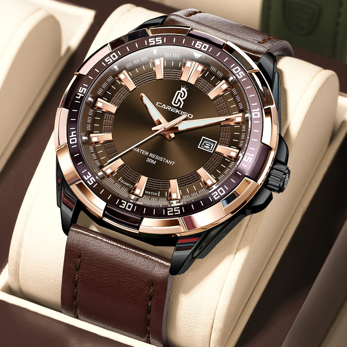 Carekiso C103 Luxury Men Watch Quartz Leather Strap Waterproof Luminous Calendar Casual Business Wristwatch for Gift